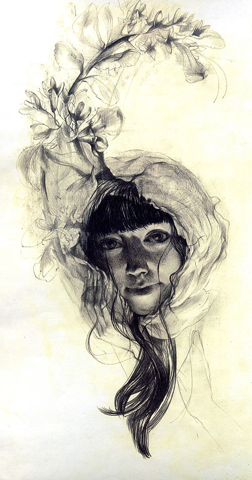 The graphic artist Elizaveta Pastushenko. Artwork. Picture. Drawing. Graphic arts. Composition. Autumn flowers from the series Women and Flowers. 2007, 42 x 30 cm, paper pencil