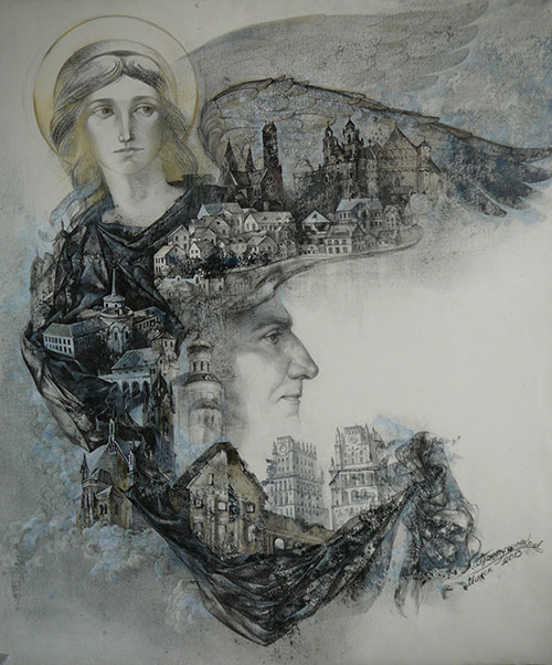 The graphic artist Elizaveta Pastushenko. Artwork. Picture. Drawing. Graphic arts. Composition. Under the wing of the Archangel. 2012, 80 x 60 cm, paper ink pen pencil mixed technique