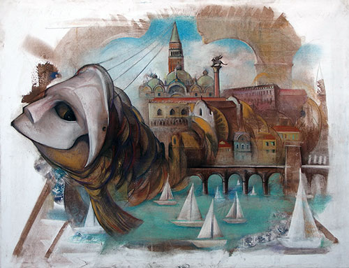 The graphic artist Elizaveta Pastushenko. Artwork. Picture. Drawing. Graphic arts. Composition. City Fish. Venice. Piazza San Marco. Doge's Palace. Symbolism. Imagination. 2016, 80 x 60 cm, paper, sepia, pastel